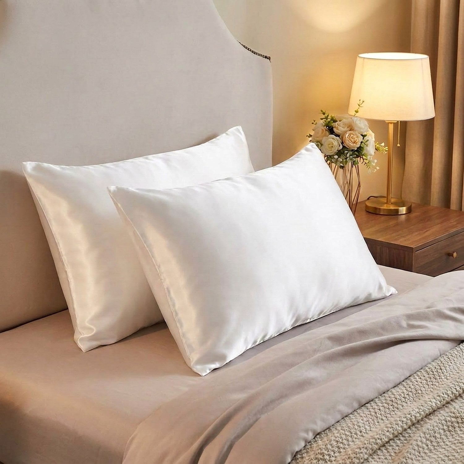Taies d'oreiller satin blanches sur un lit avec lampe de chevet allumée le soir