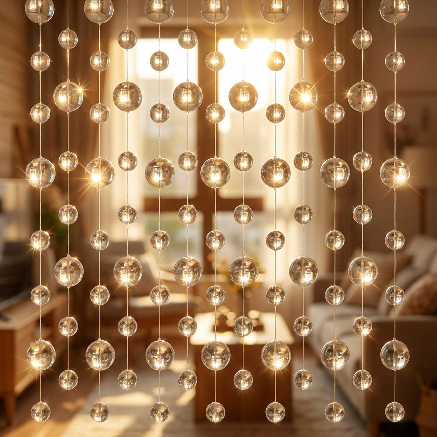 Rideau de perles en cristal devant une fenêtre ensoleillée aux reflets scintillants