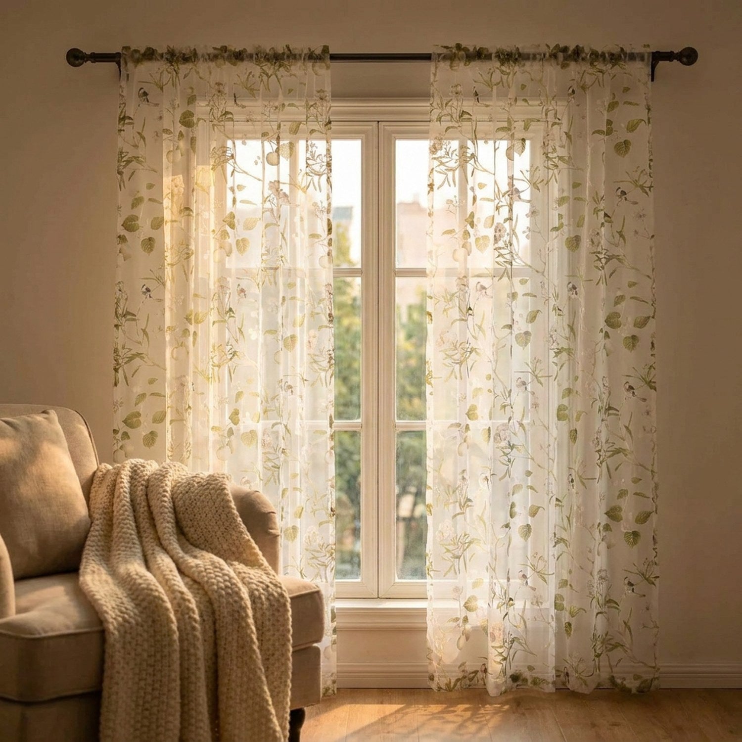 Voilage fleuri vert baigné de lumière dorée près d'un fauteuil cocooning et d'un plaid