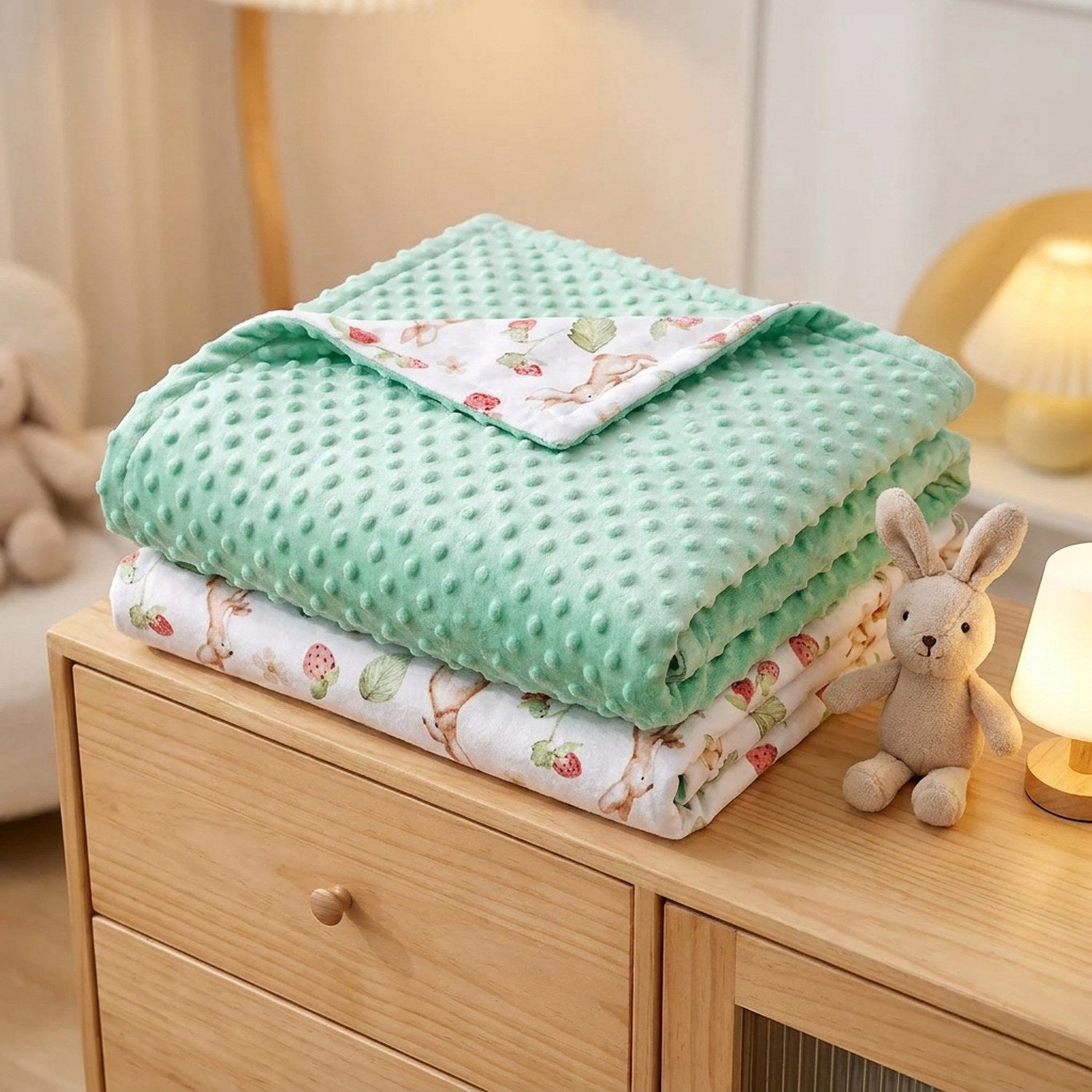 Couverture bébé pliée sur une commode avec doudou lapin et petite lampe