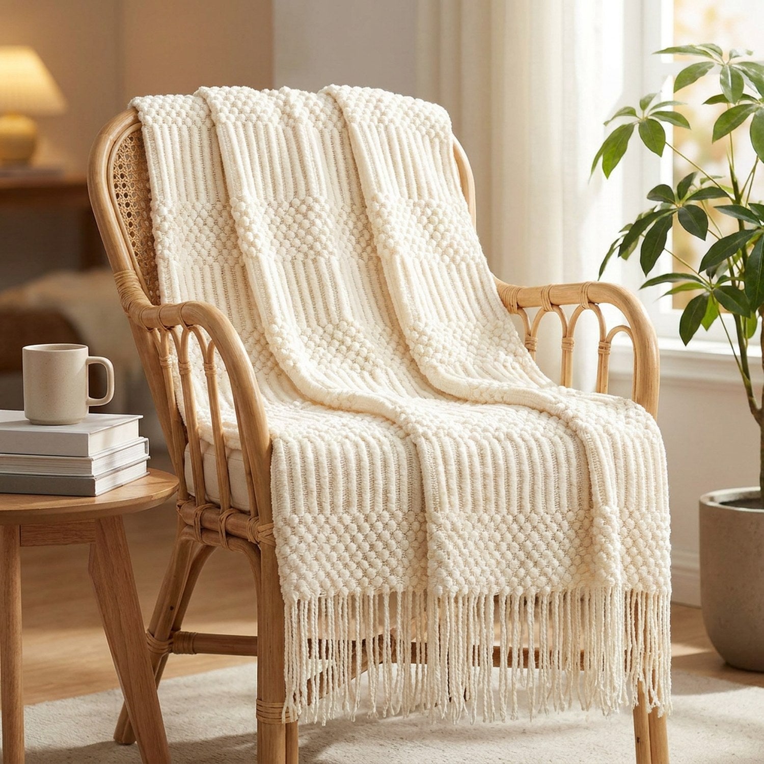 Plaid tricoté crème drapé sur un fauteuil en rotin près d une fenêtre
