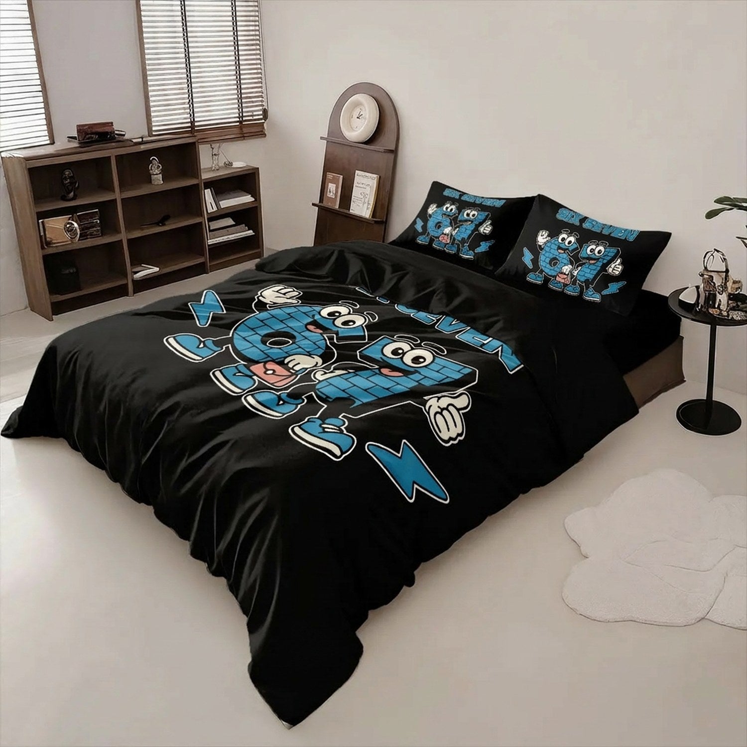 Parure de lit 6 7 noire installée sur un lit dans une chambre chaleureuse