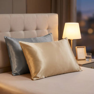 Taies d'oreiller satin doré et gris dans une chambre moderne avec lampe de chevet
