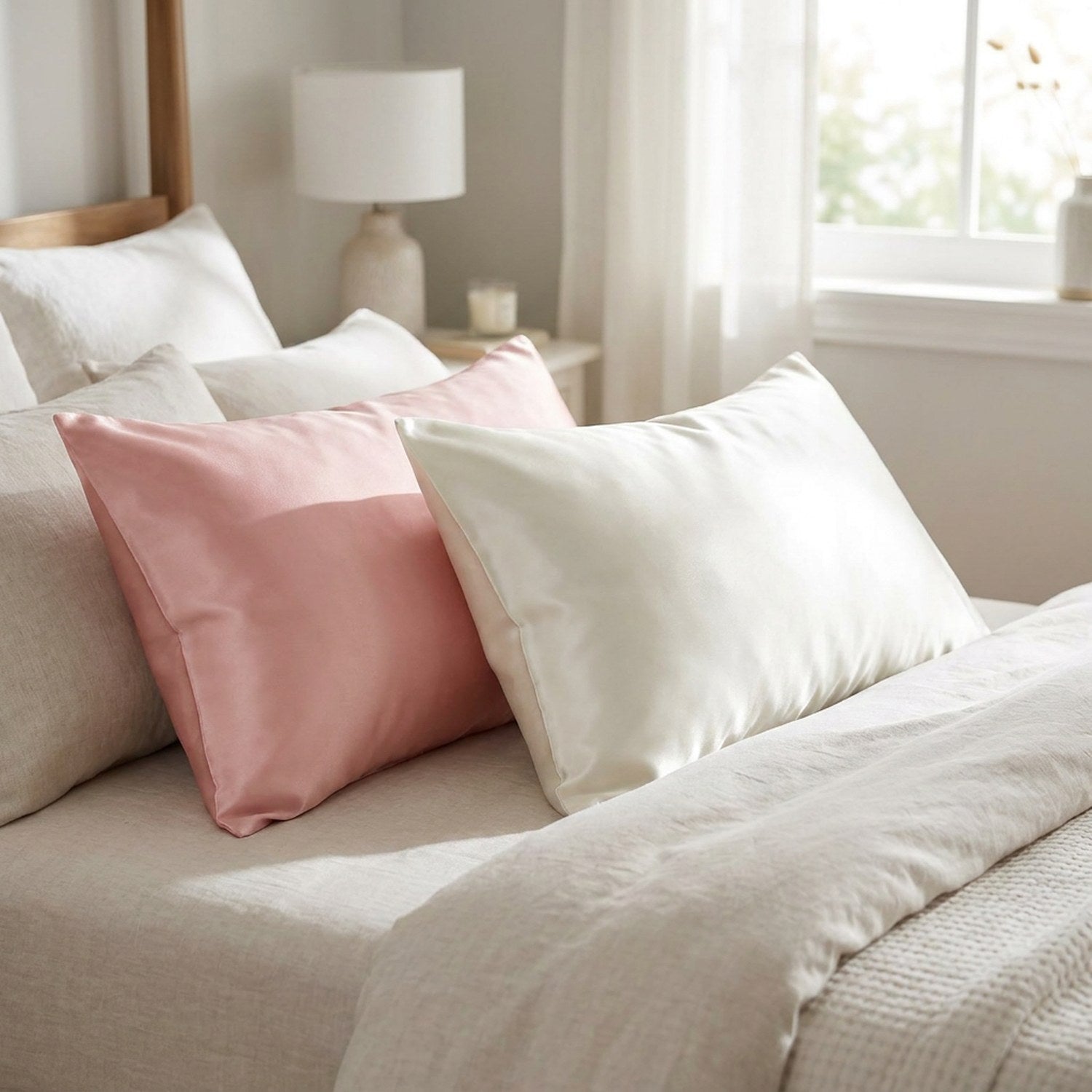 Taies d'oreiller satin rose et ivoire posées sur un lit lumineux le matin