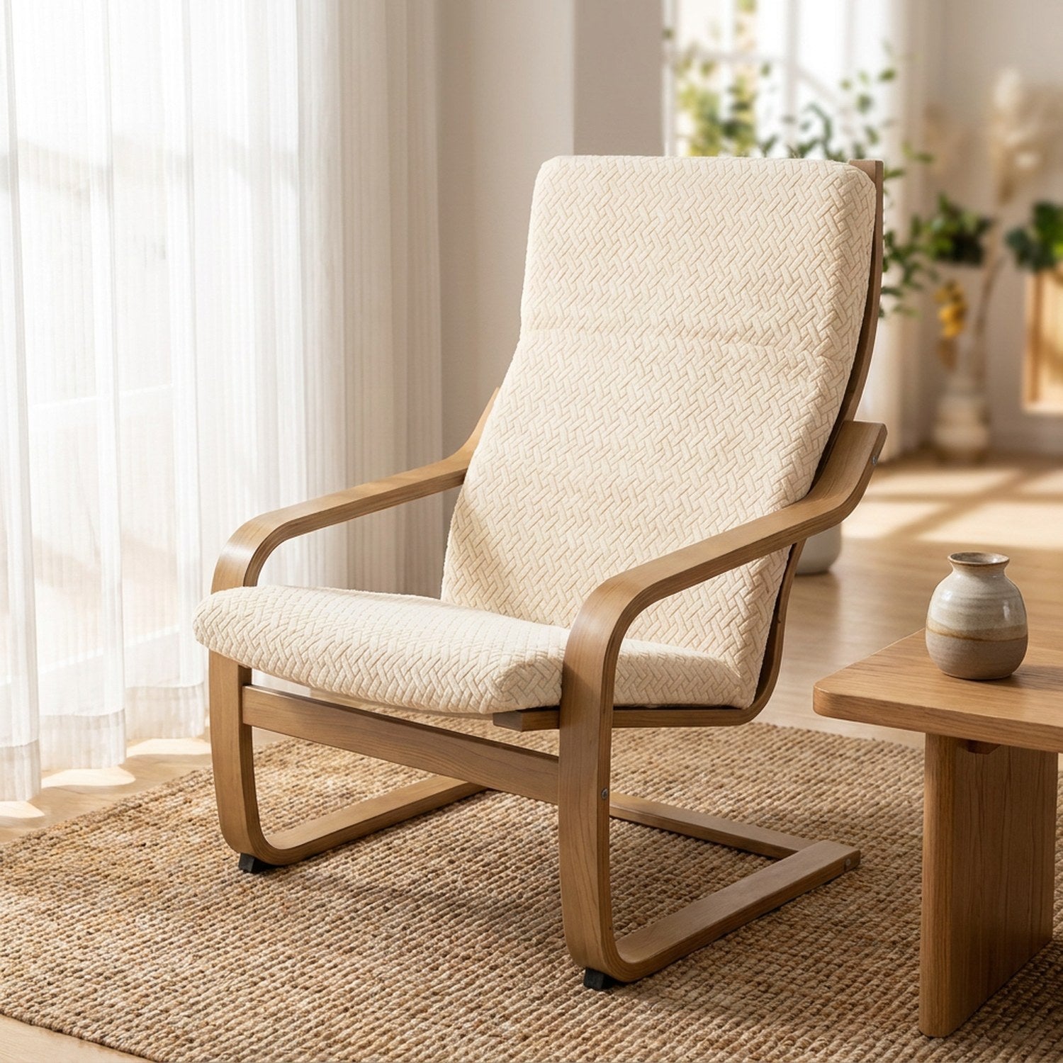 Housse de fauteuil beige jacquard près d'une fenêtre avec tapis en jute et petite table basse