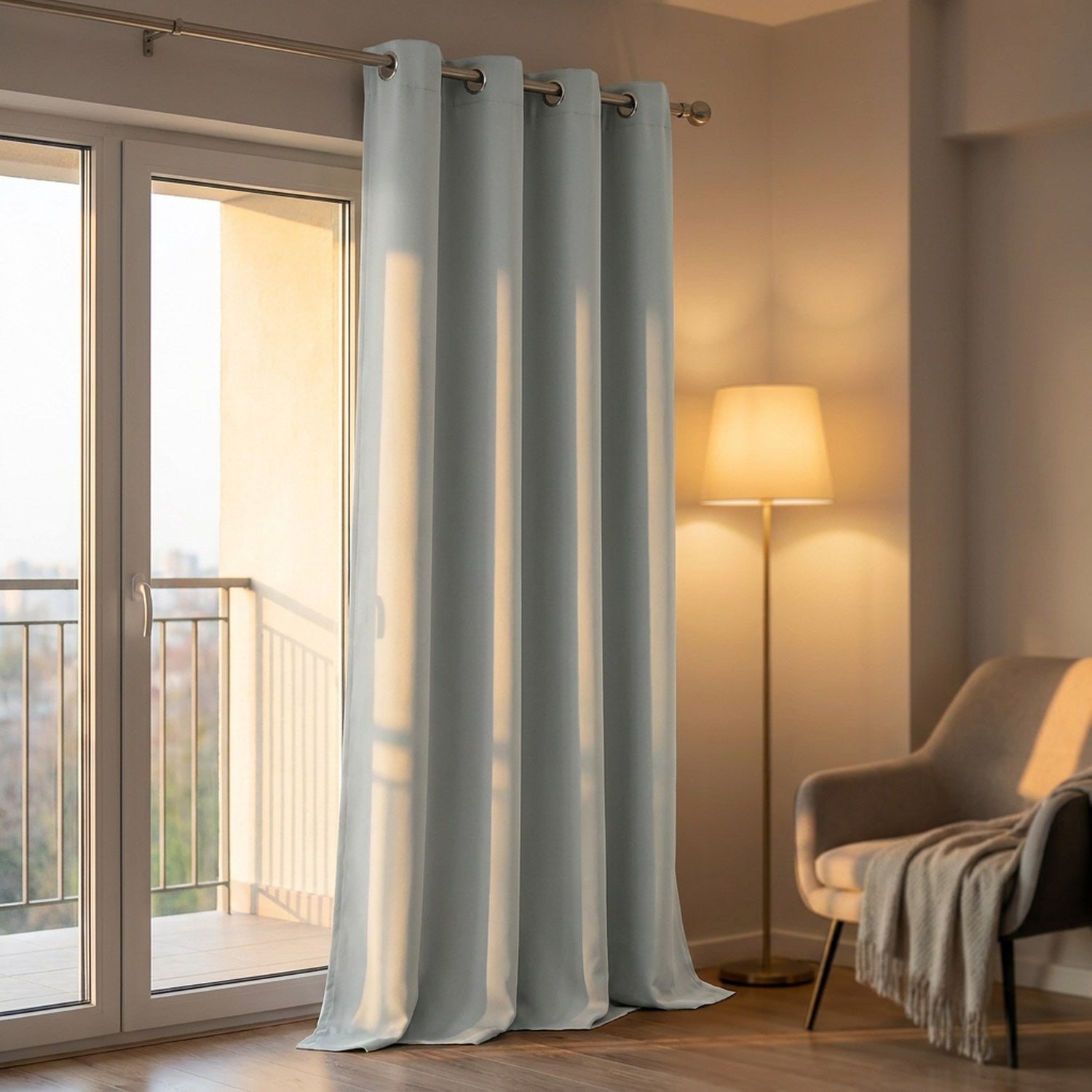 Rideau gris occultant devant une porte de balcon dans un salon chaleureux le soir
