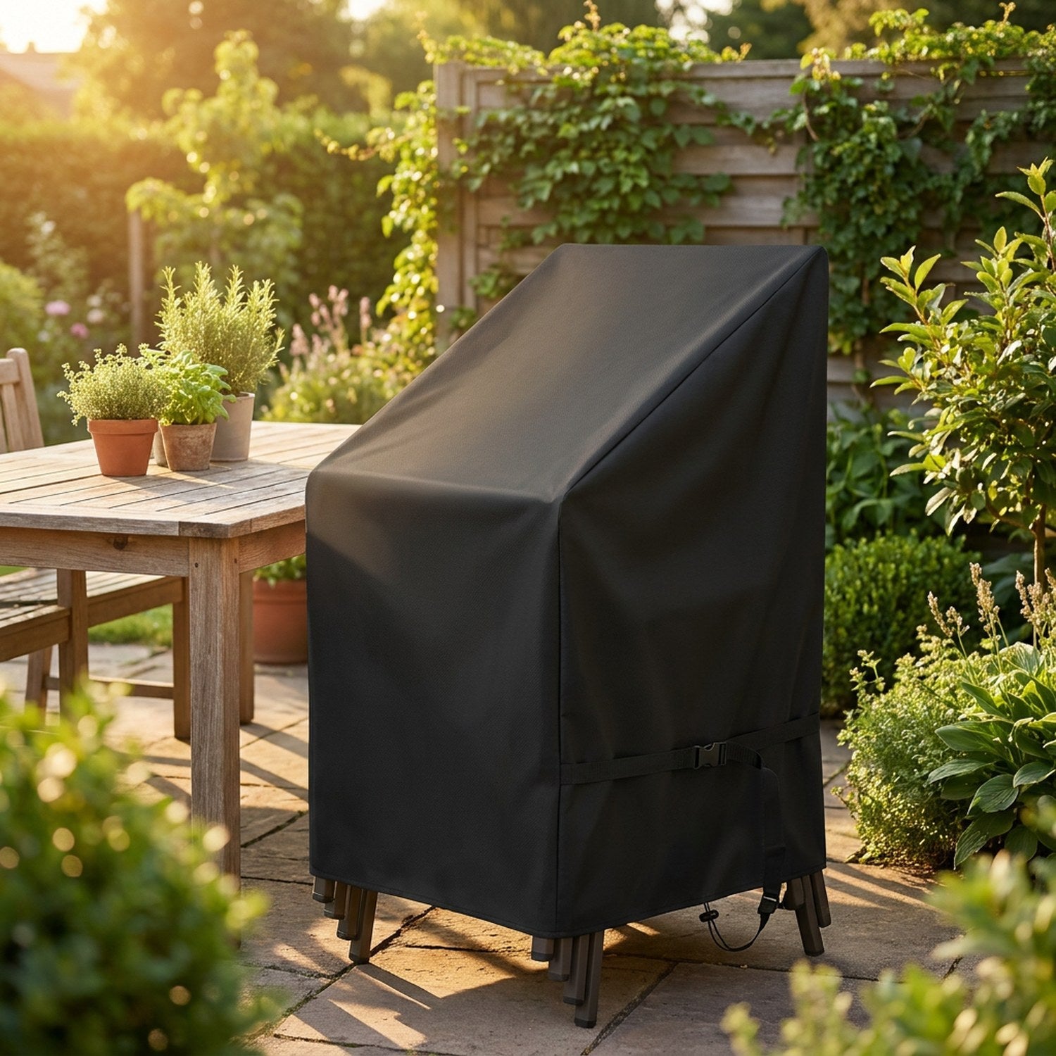 Housse de protection noire pour chaises de jardin sur une terrasse fleurie