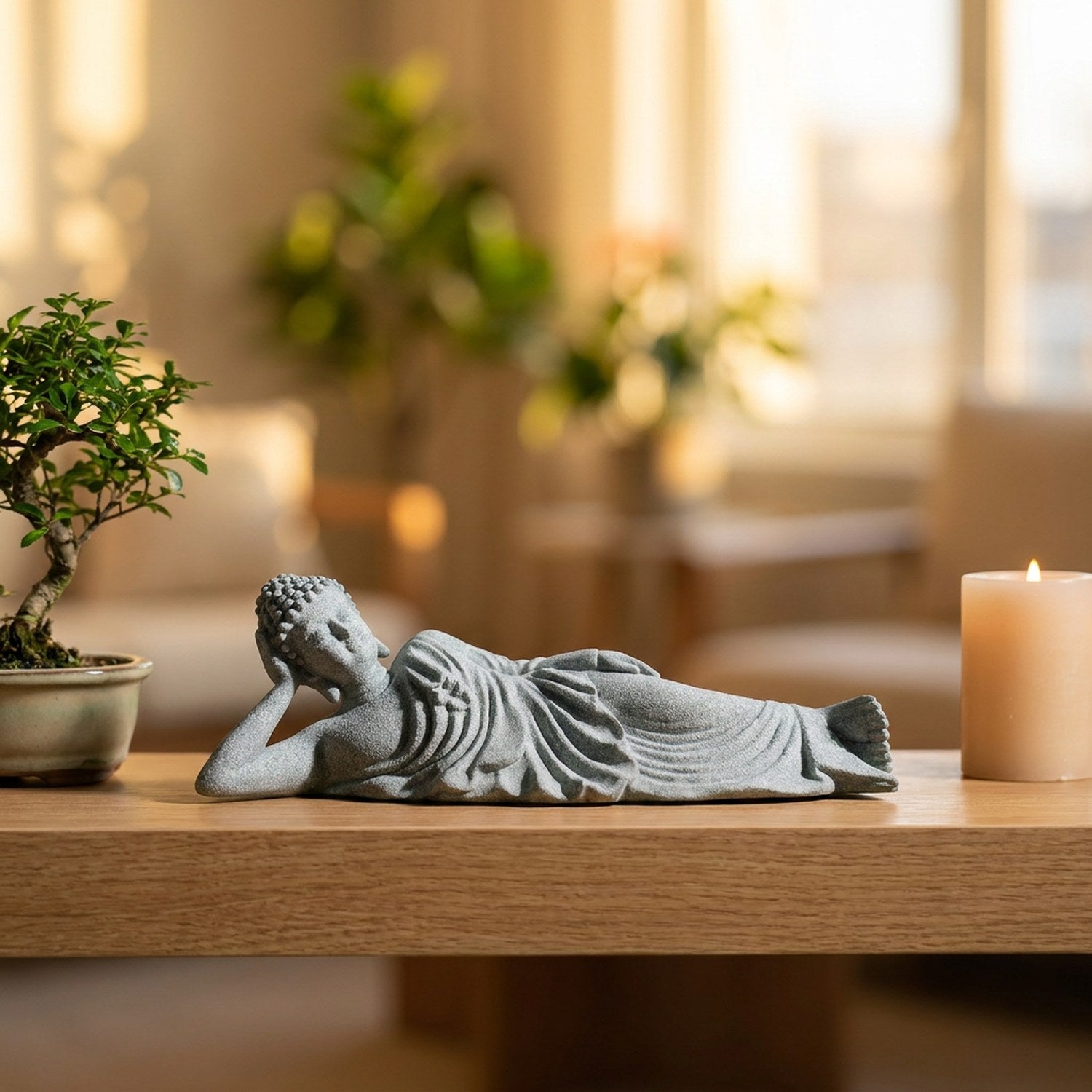 Statue de Bouddha couché en grès posée sur une étagère en bois près d'un bonsaï et d'une bougie