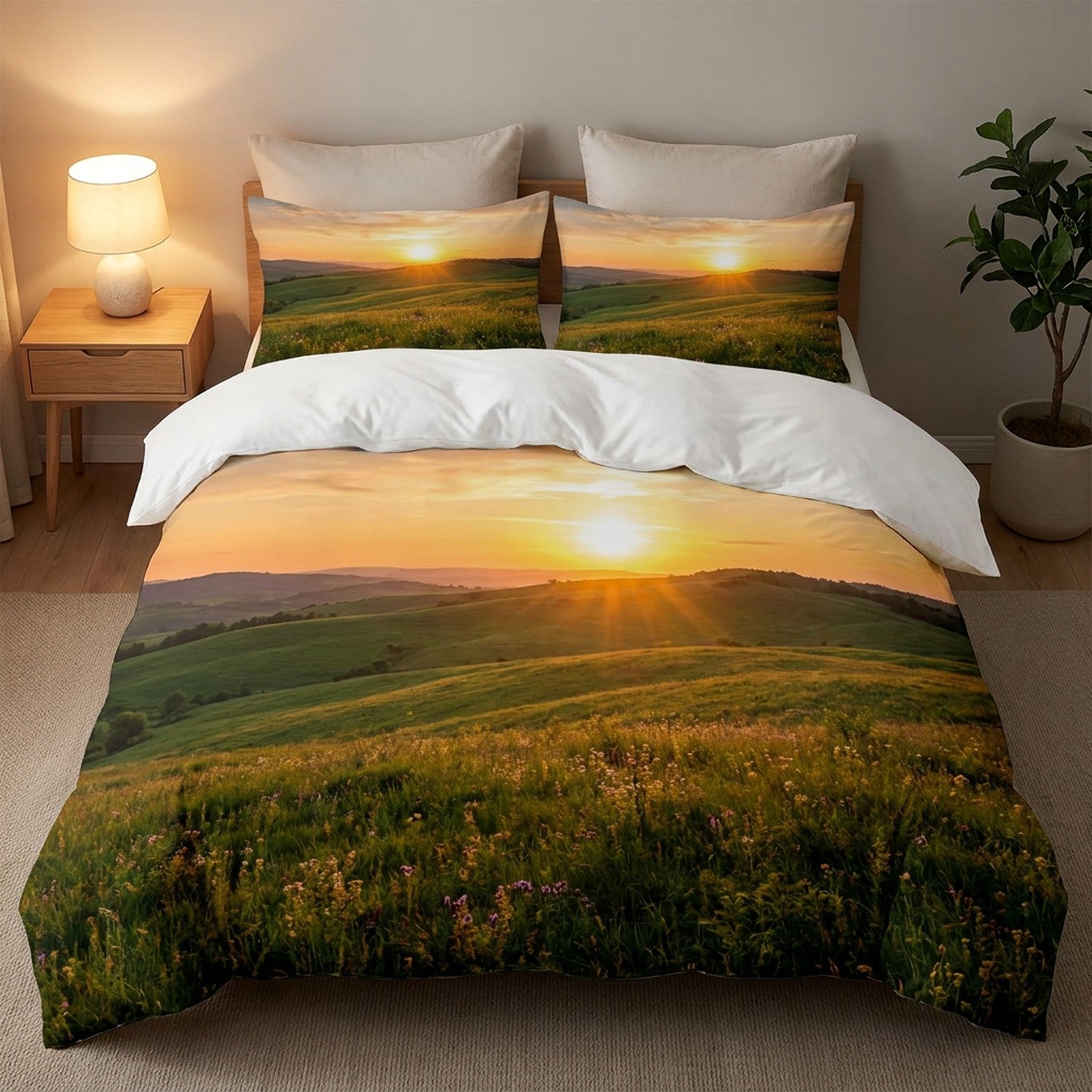 Parure de lit personnalisée sur un lit avec table de chevet et lampe chaleureuse