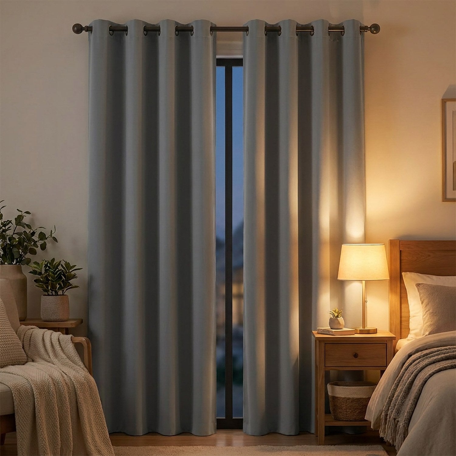 Rideau occultant gris dans une chambre chaleureuse avec lampe de chevet allumée
