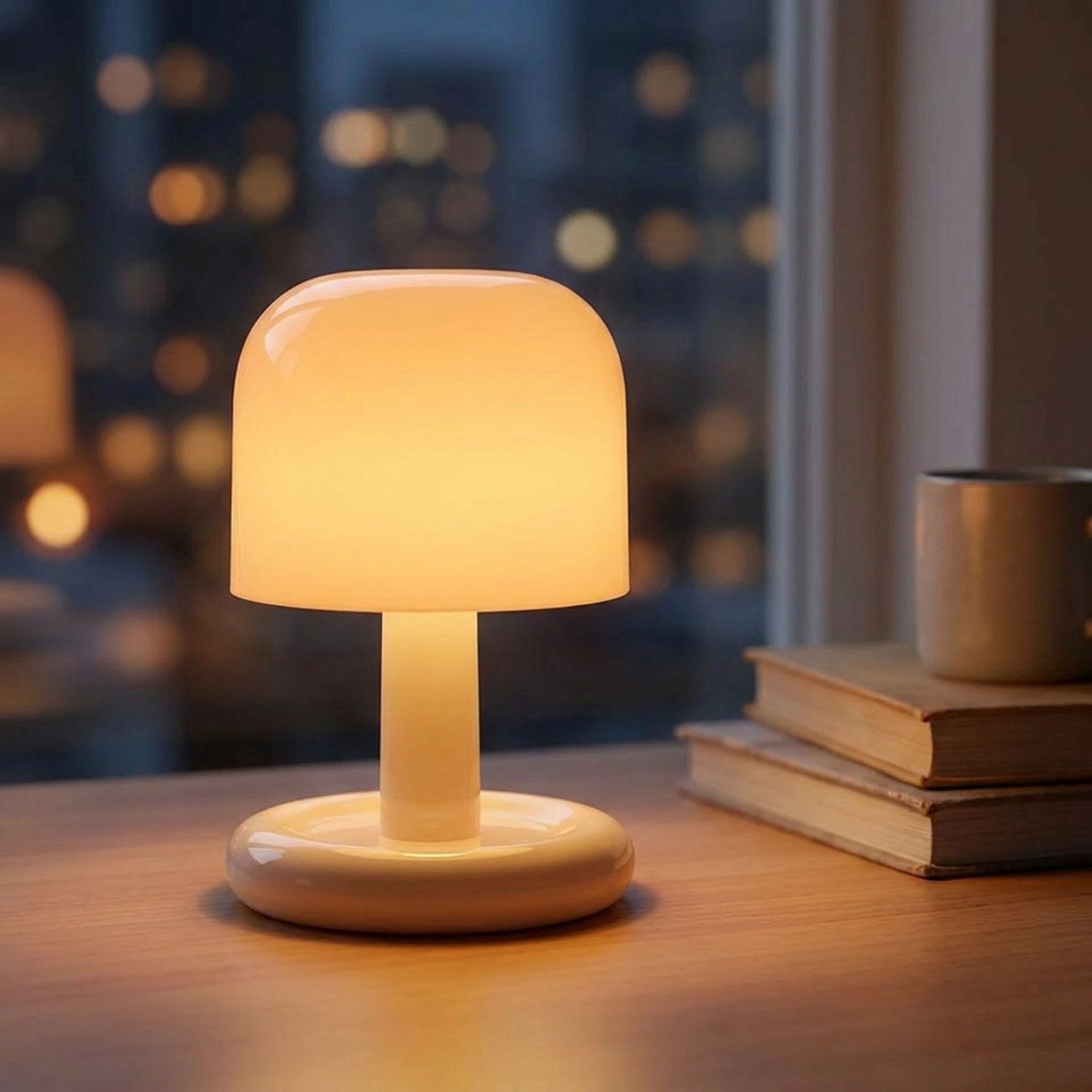 Lampe champignon allumée sur un bureau en bois près d'une fenêtre le soir
