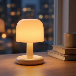 Lampe champignon allumée sur un bureau en bois près d'une fenêtre le soir