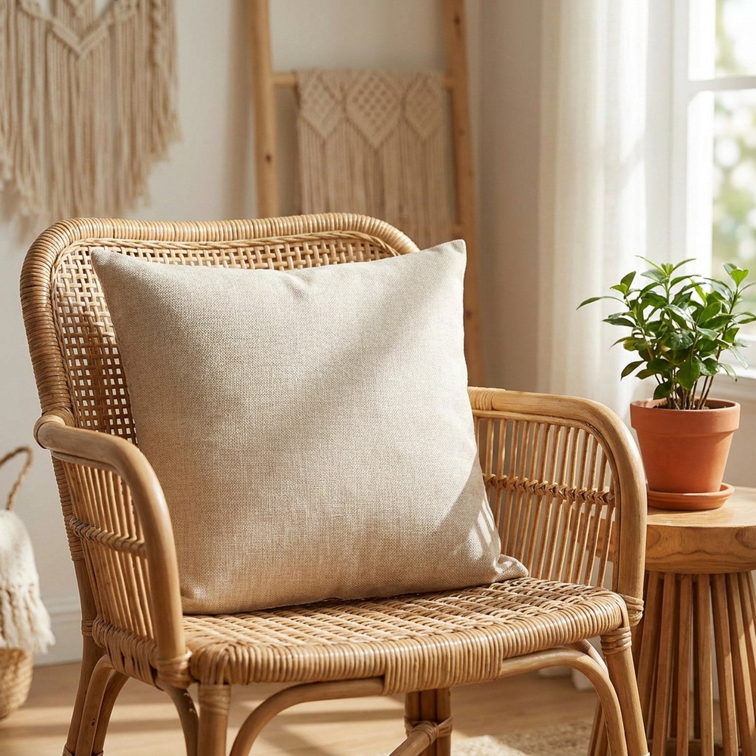 Housse de coussin beige posée sur un fauteuil en rotin près d'une fenêtre avec une plante verte