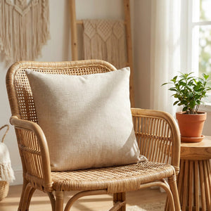 Housse de coussin beige posée sur un fauteuil en rotin près d'une fenêtre avec une plante verte