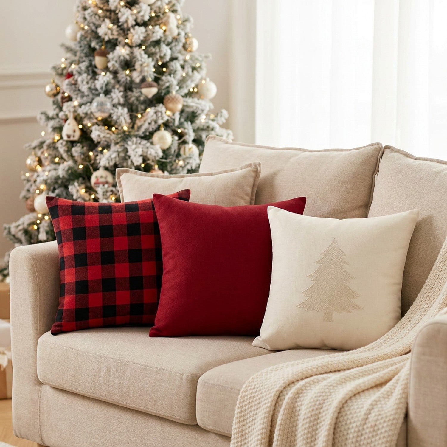 Trois housses de coussin de Noël sur un canapé beige devant un sapin décoré
