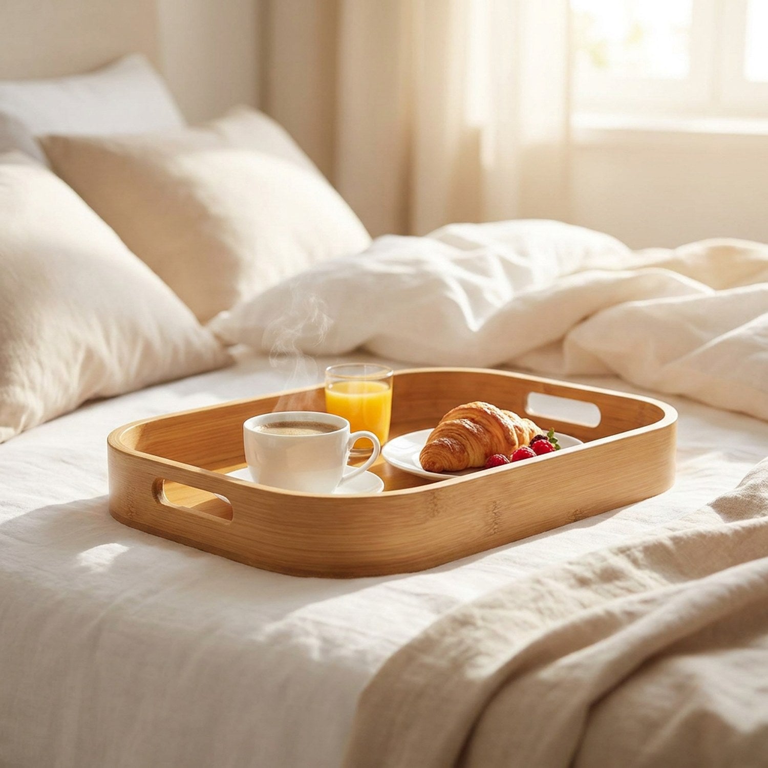 Plateau en bambou avec un petit déjeuner servi sur un lit dans une chambre lumineuse