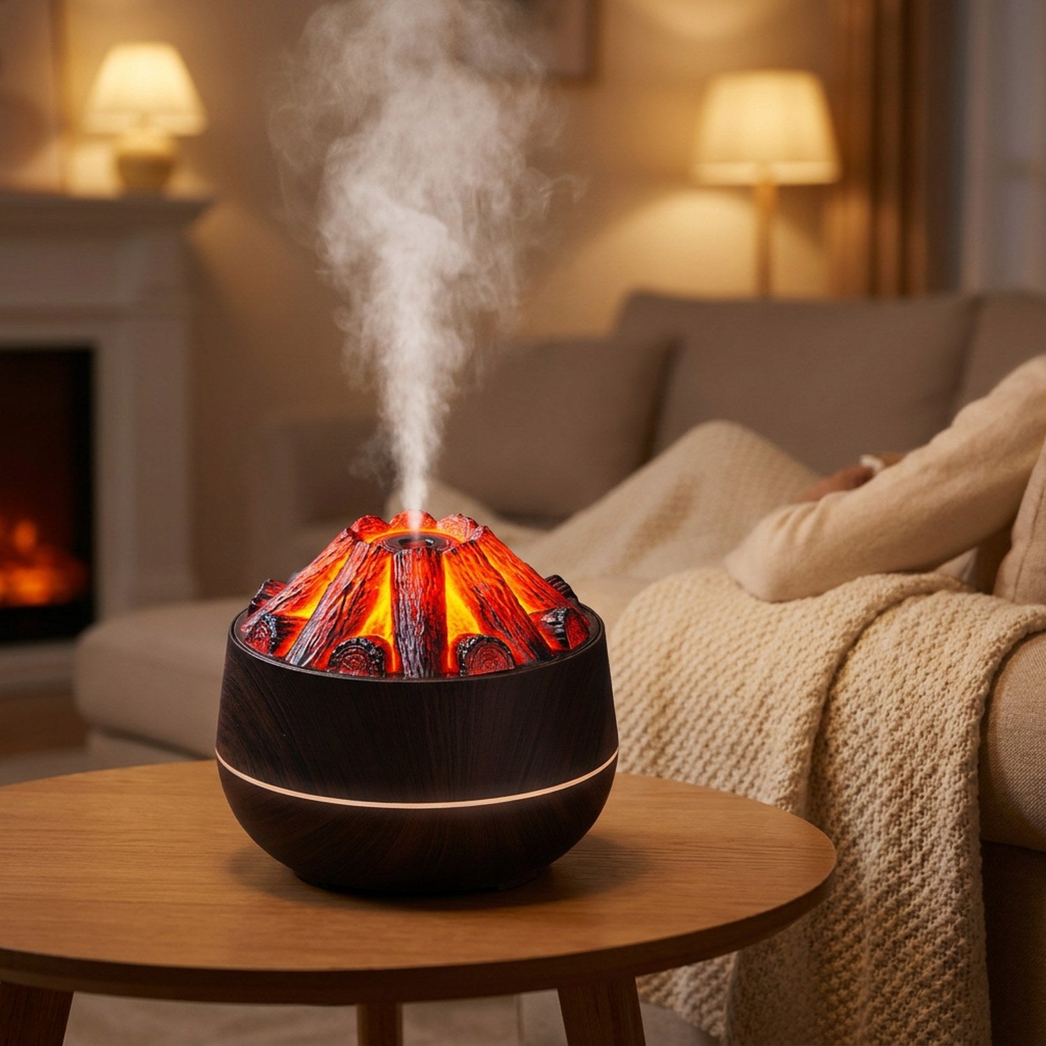 Humidificateur volcan allumé sur une table basse dans un salon chaleureux