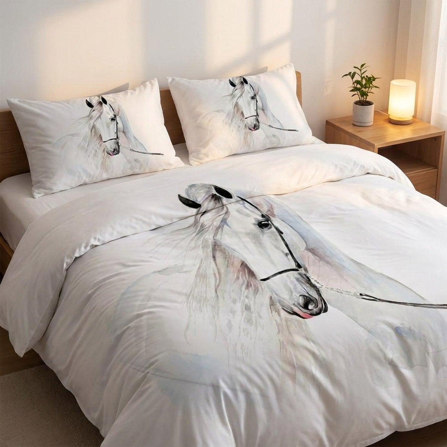 Parure de lit cheval dans une chambre moderne avec table de chevet