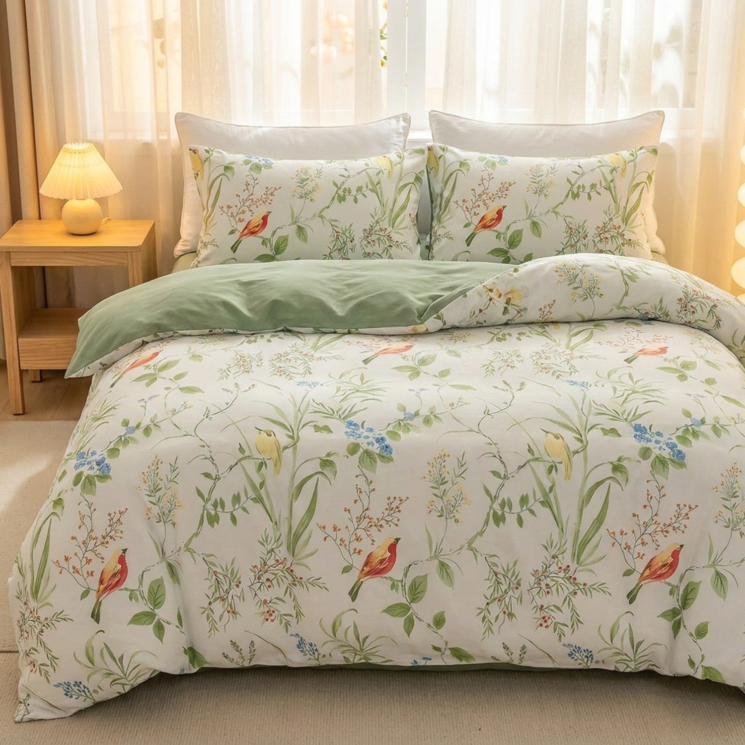 Parure de lit fleurie sur un lit dans une chambre cocooning avec table de chevet en bois