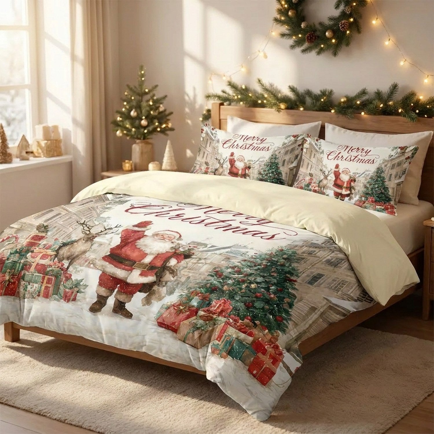 Housse de couette Père Noël sur un grand lit dans une chambre lumineuse et chaleureuse