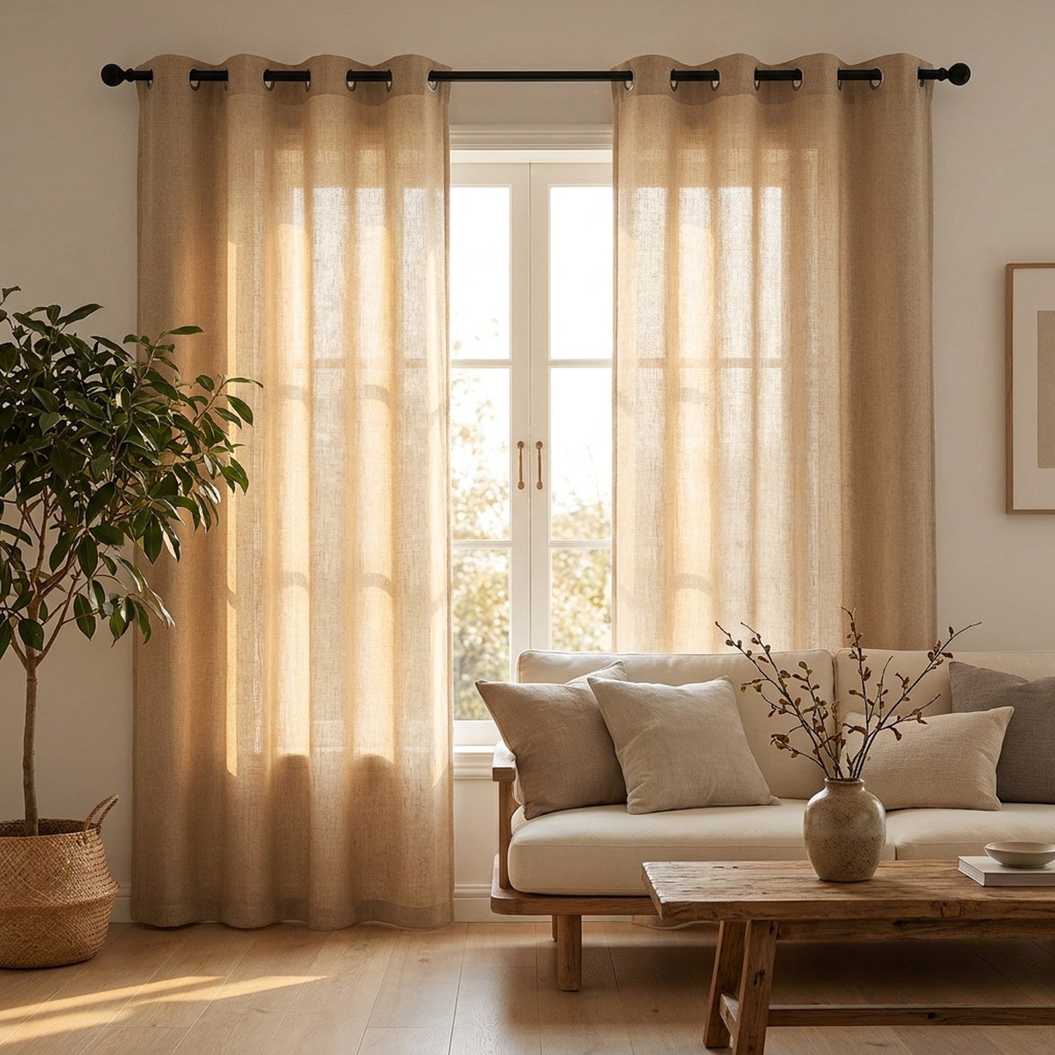 Rideaux en lin beige encadrant une grande fenêtre dans un salon Japandi chaleureux