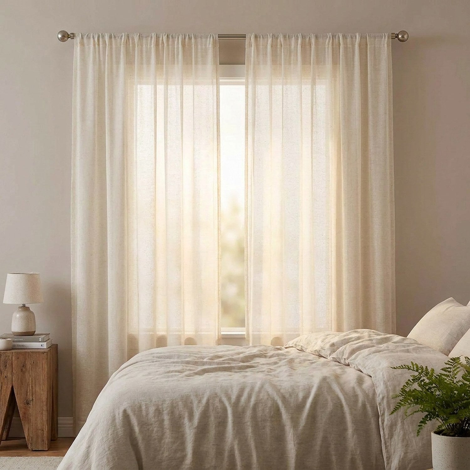 Voilage lin beige devant une fenêtre dans une chambre cosy et douce