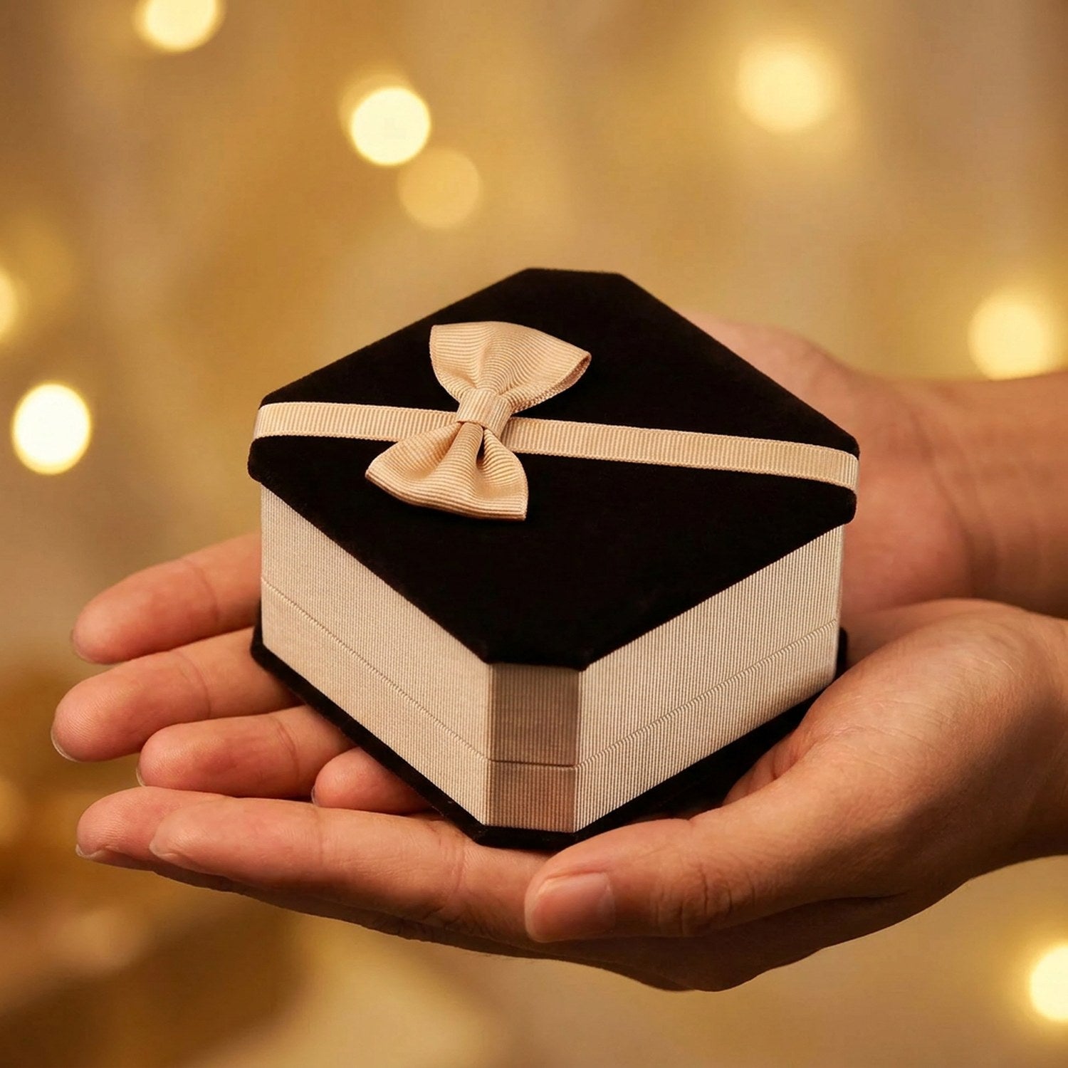 Coffret à bijoux en velours fermé tenu dans deux mains devant des lumières dorées