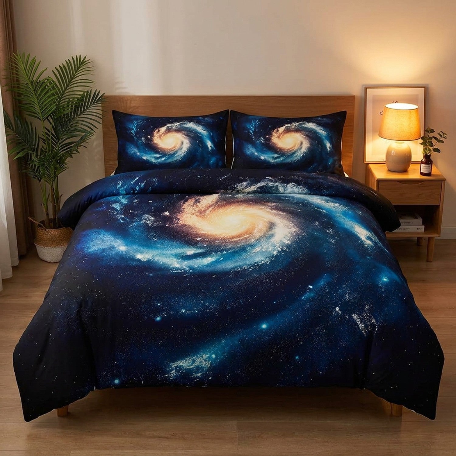 Parure de lit galaxie sur un lit dans une chambre moderne avec lampe de chevet