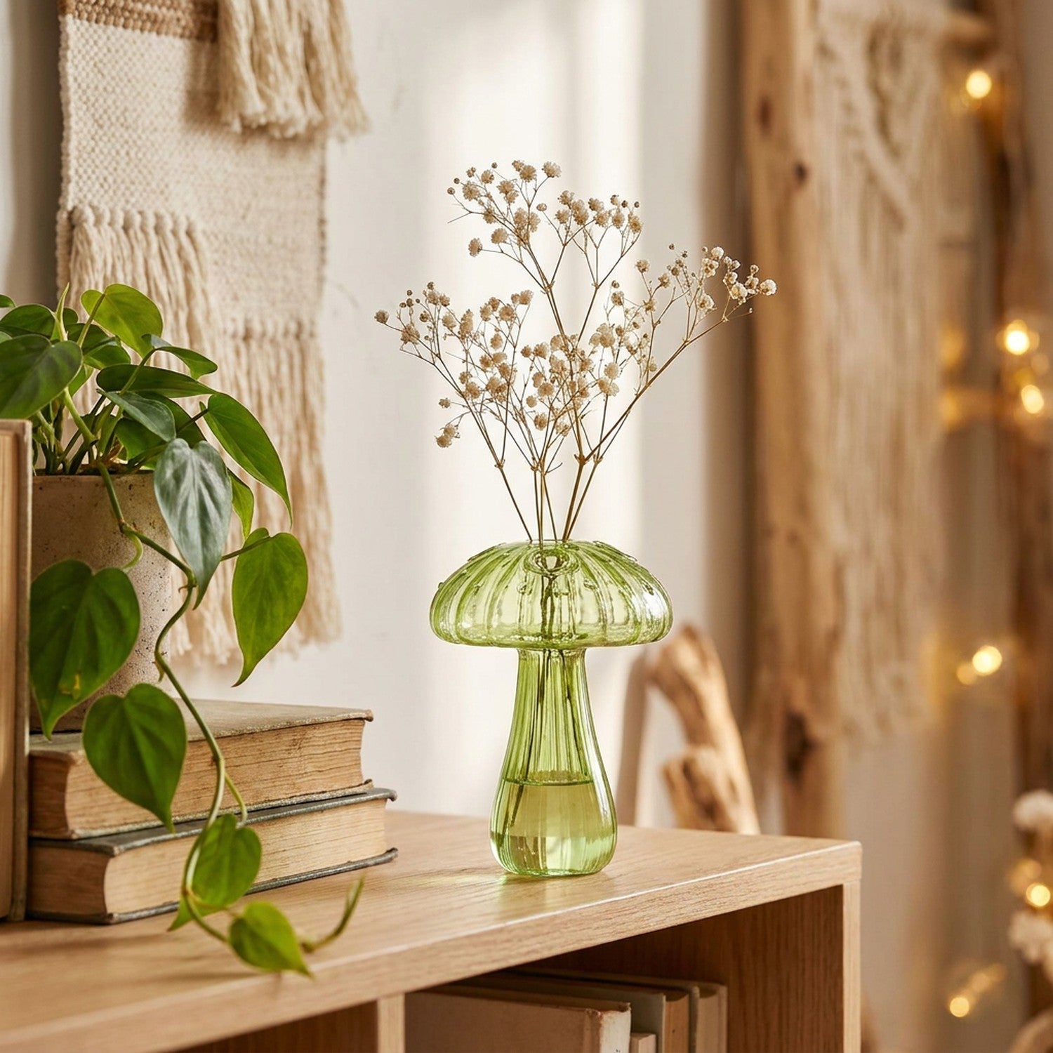 Vase champignon en verre vert sur une étagère bohème avec livres et plante