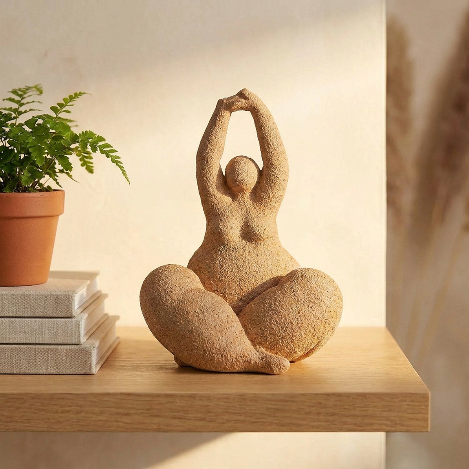 Statue de femme ronde terracotta posée sur une étagère avec livres et plante verte