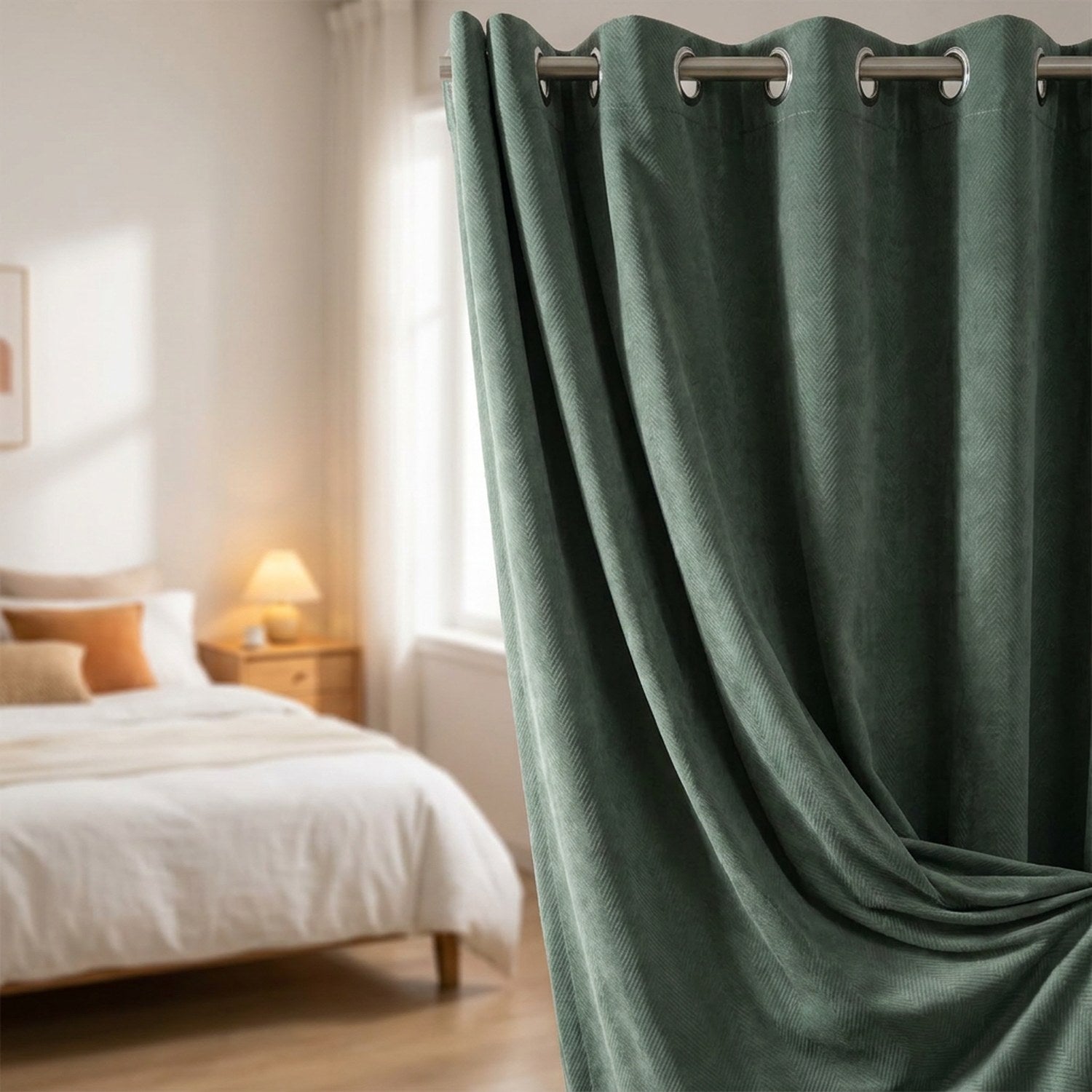 Rideau occultant vert foncé en velours devant la fenêtre d'une chambre cosy