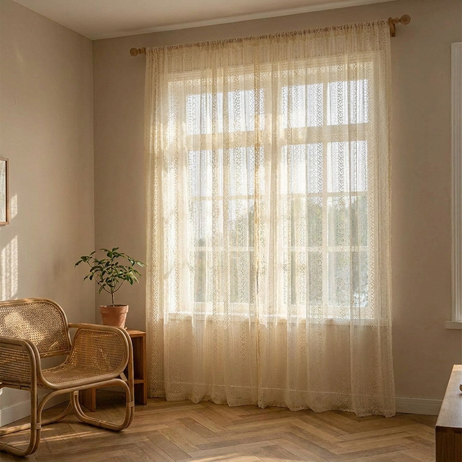 Voilage beige bohème suspendu dans un salon avec fauteuil en rotin et plante verte