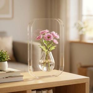 Vase à fleurs rectangle en acrylique transparent sur une étagère avec des livres et une plante