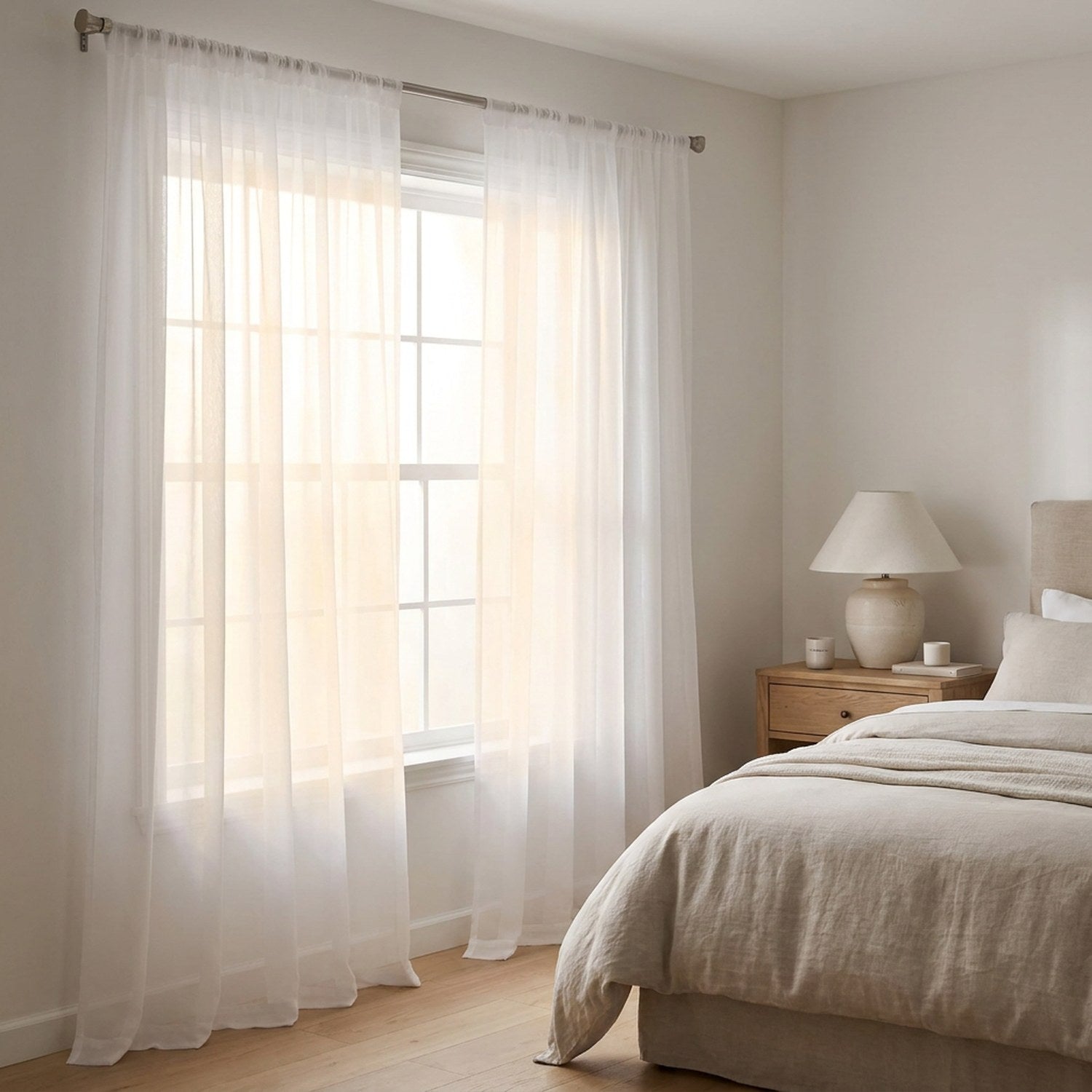 Voilage blanc en voile tamisant devant une grande fenêtre dans une chambre lumineuse