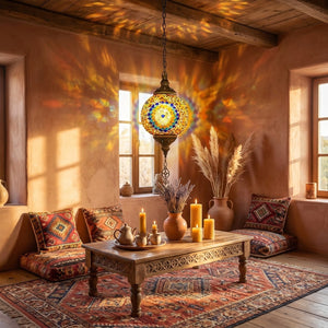 Suspension mosaïque allumée éclairant un salon bohème chaud dans un appartement marocain