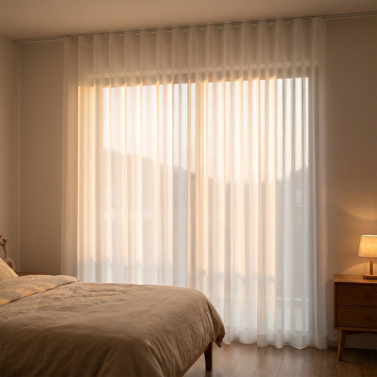 Voilage blanc à plis ondulés dans une chambre baignée de lumière du matin