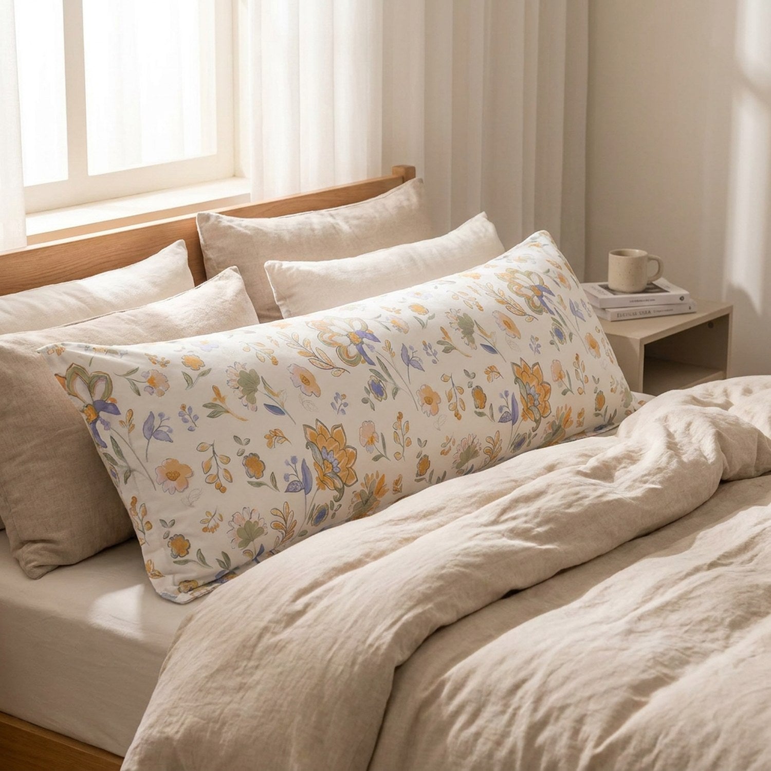 Taie d'oreiller longue fleurie sur un lit avec table de chevet en bois