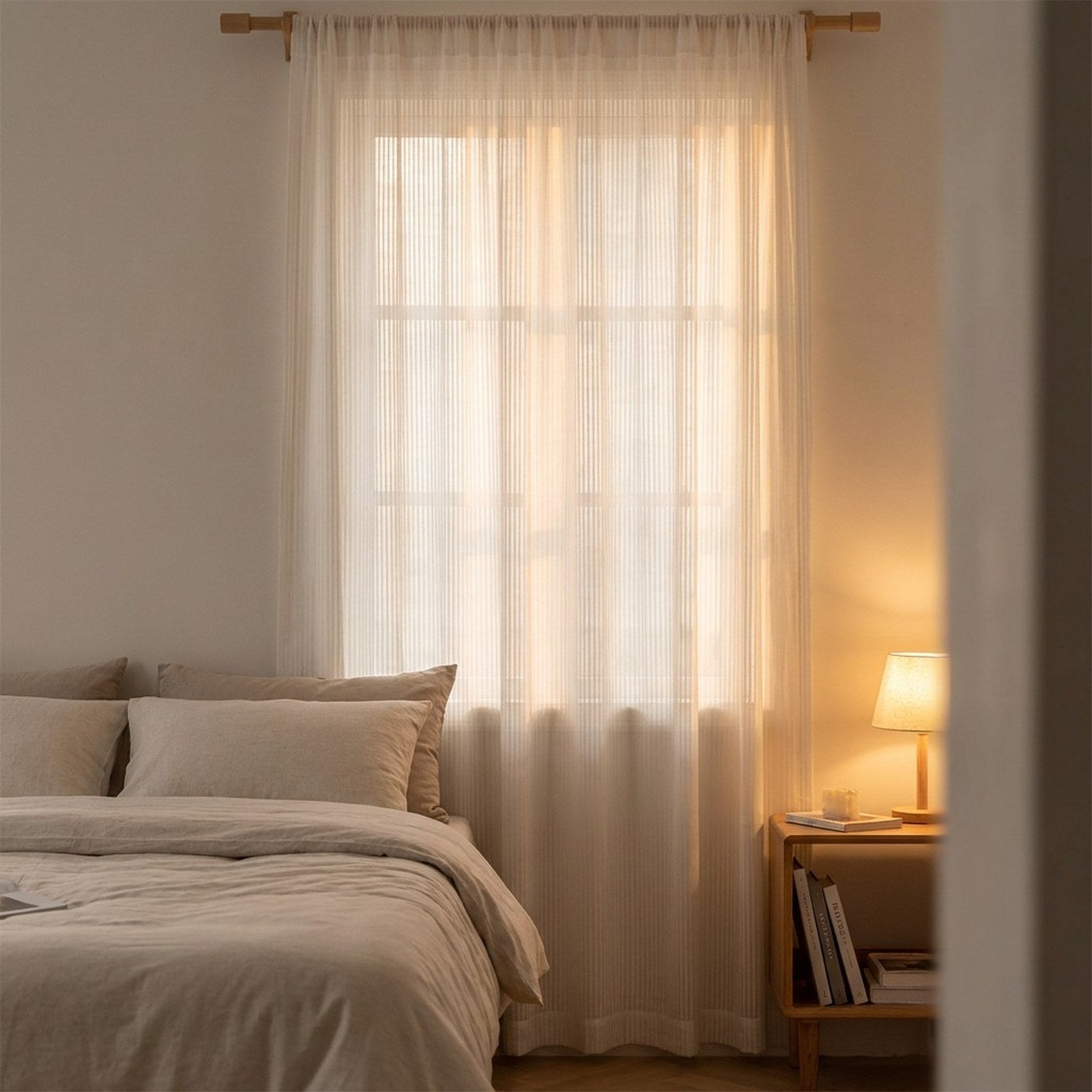 Rideau voilage à rayures dans une chambre chaleureuse avec lit et lampe de chevet