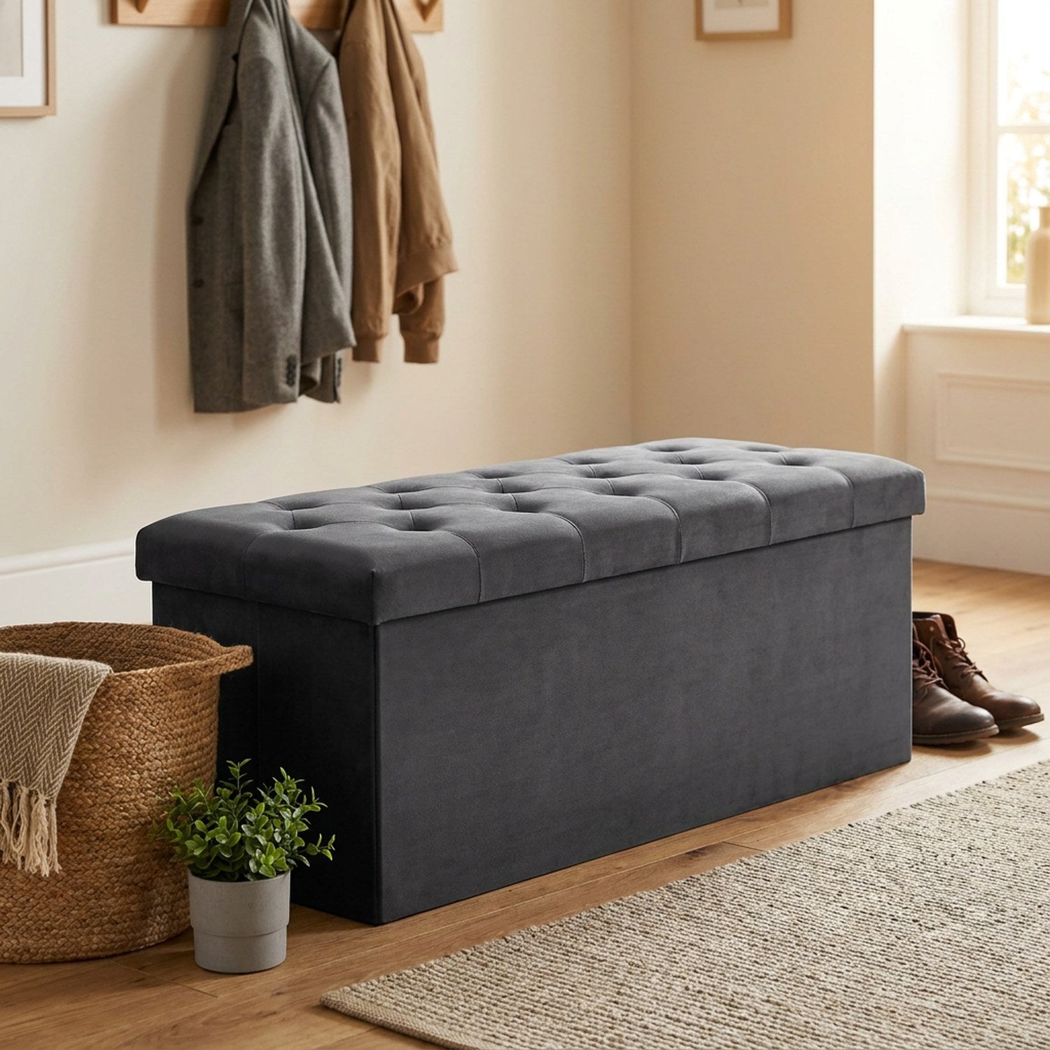 Banc de rangement en velours gris utilisé comme assise dans une entrée