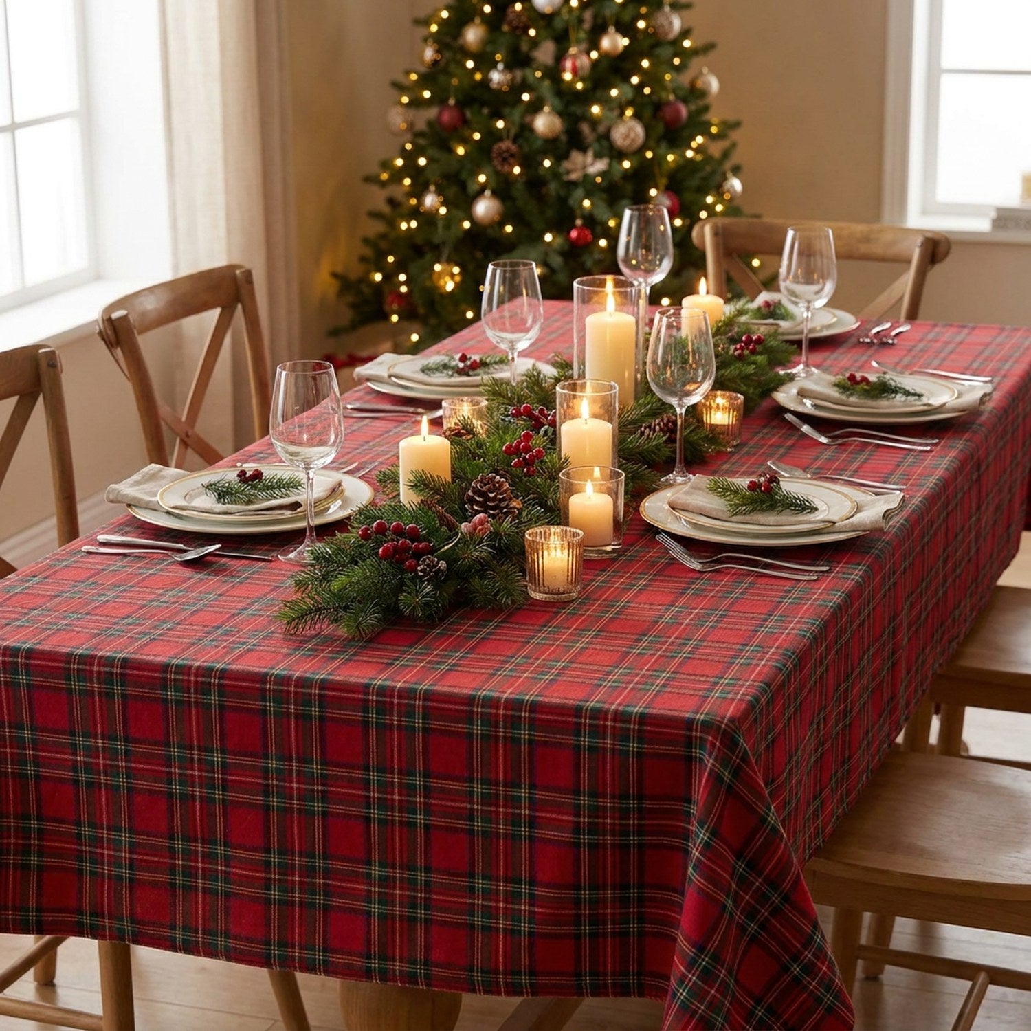 Table de Noël dressée avec une nappe à carreaux tartan rouge et un sapin illuminé