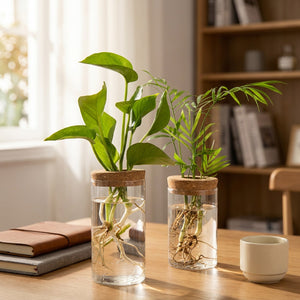 Deux vases à bouture en verre sur un bureau avec carnets et tasse
