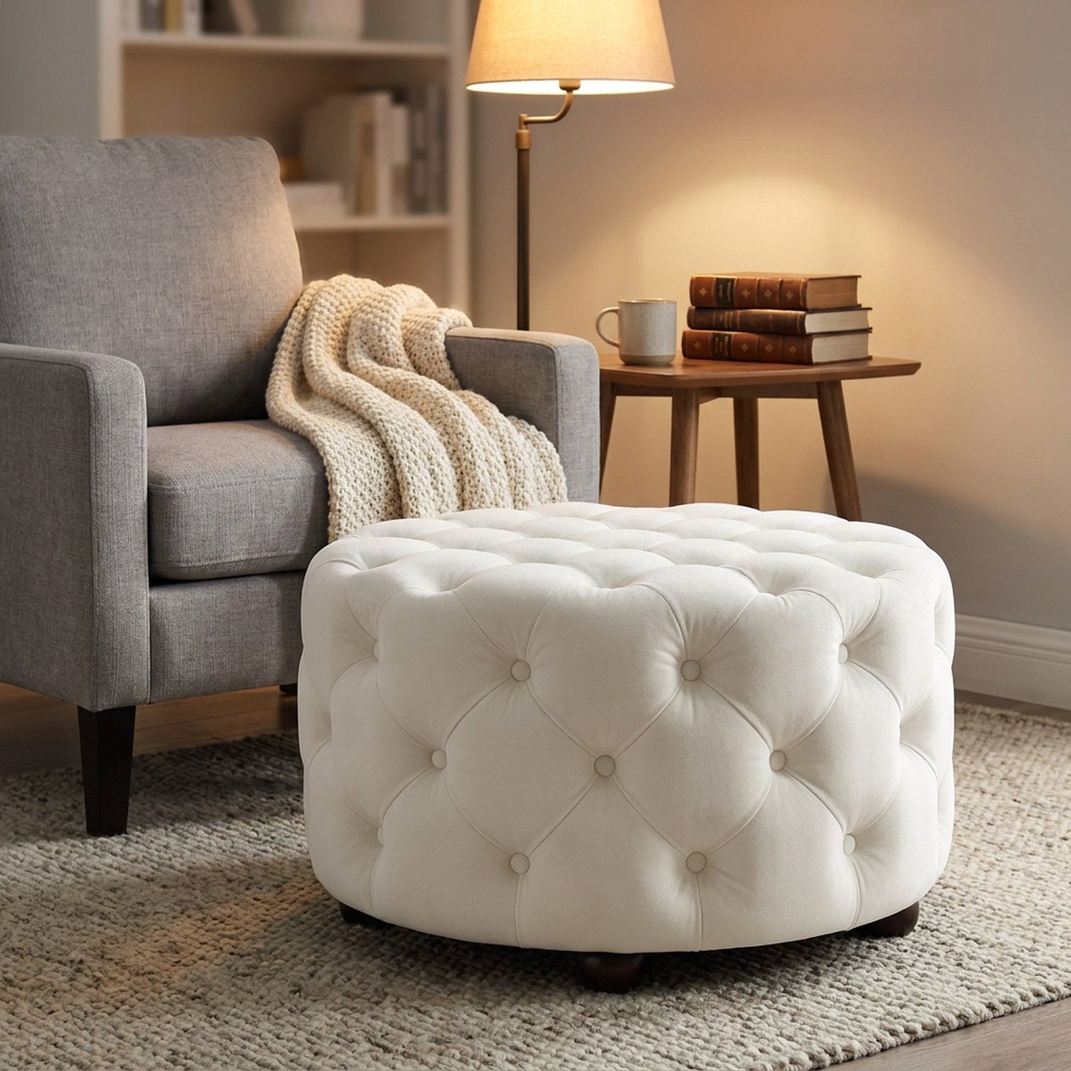 Tabouret pouf blanc en velours utilisé comme repose-pieds près d'un fauteuil gris