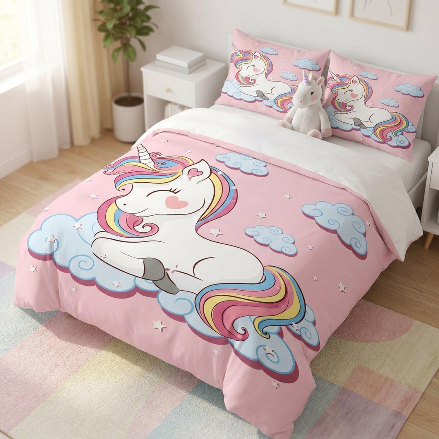 Parure licorne sur un lit fait avec peluche licorne et tapis pastel dans une chambre de fille