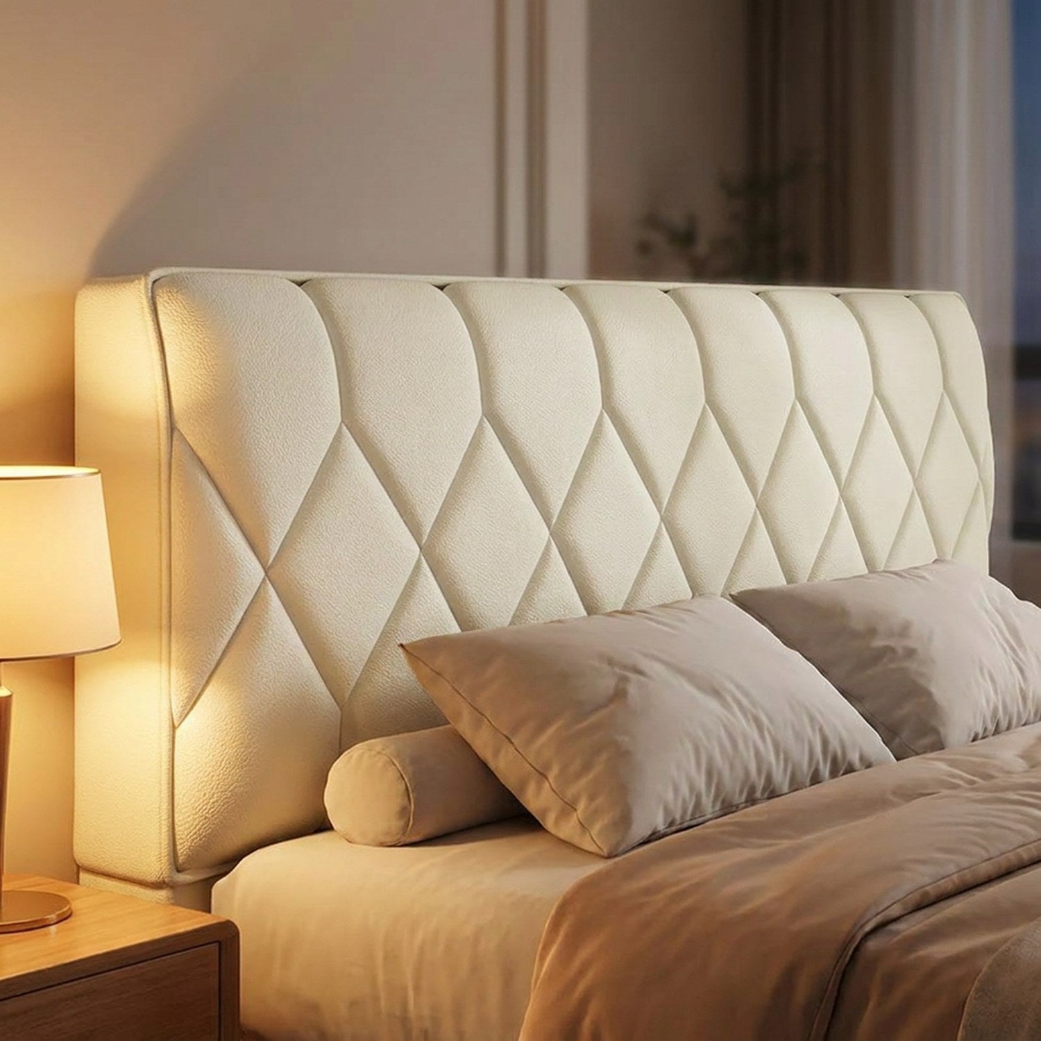 Housse de tête de lit capitonnée dans une chambre chaleureuse avec table de chevet