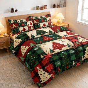 Parure de lit de Noël dans une chambre moderne avec table de chevet en bois