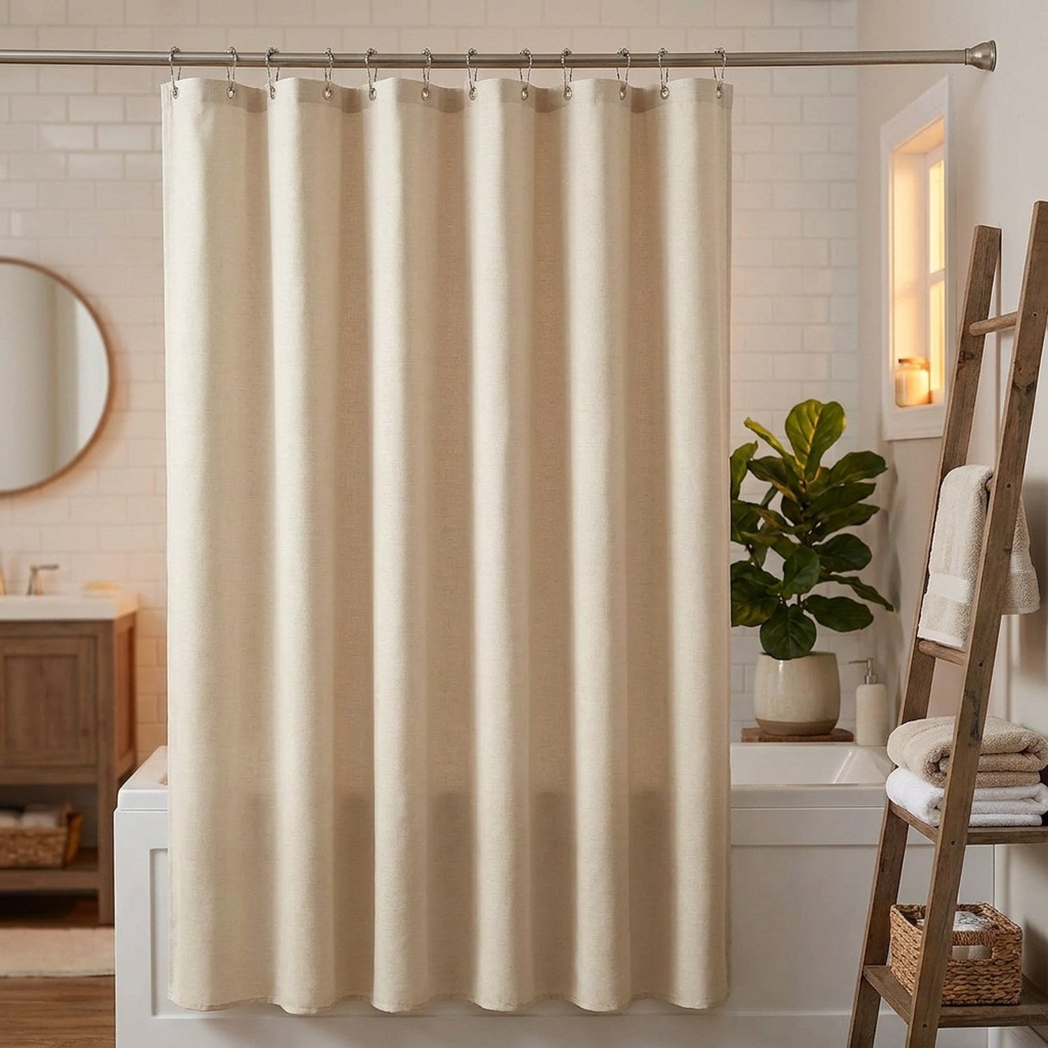 Rideau de douche en lin beige tiré devant une baignoire dans une salle de bain cosy