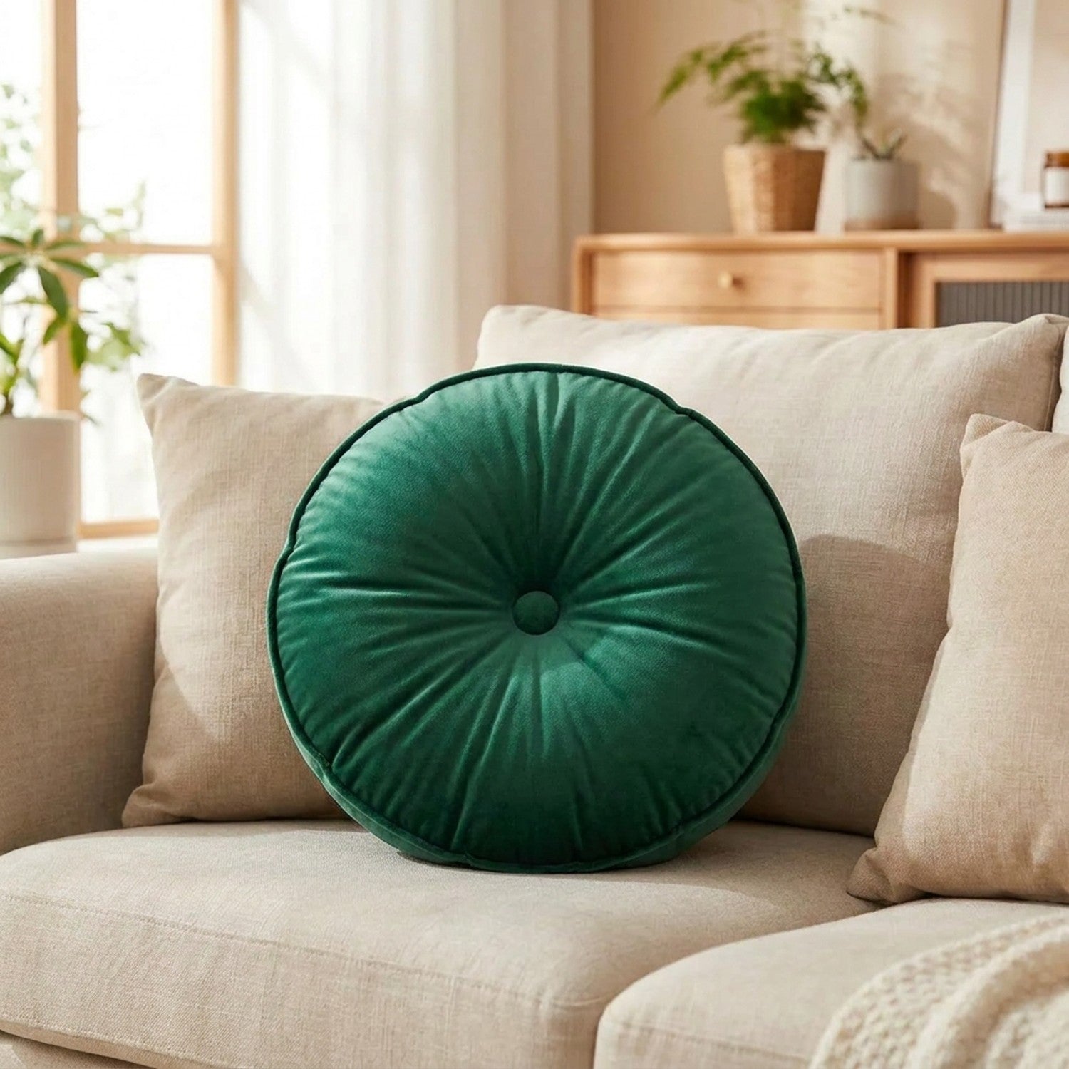 Coussin rond en velours vert émeraude posé sur un canapé en lin clair