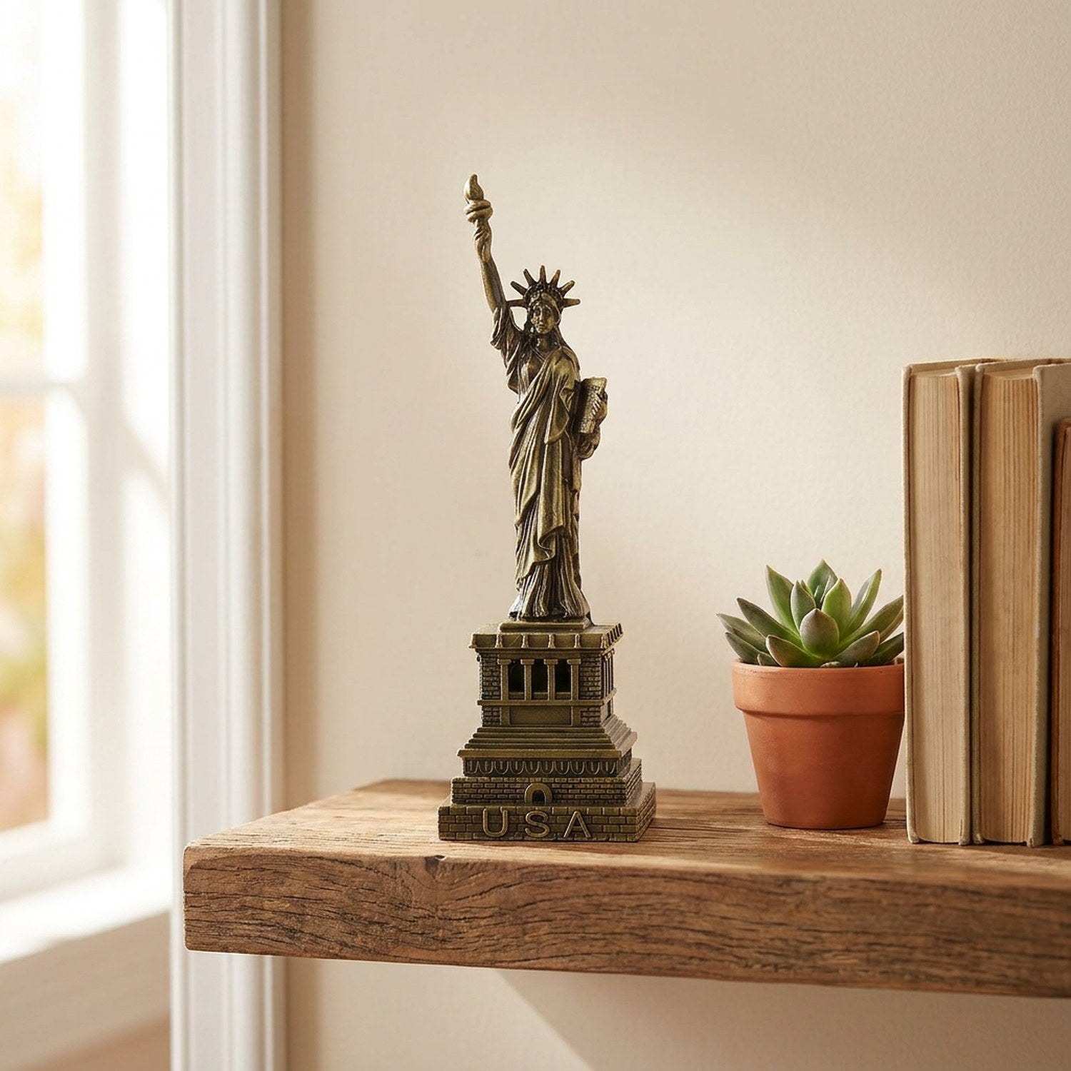 Statue de la Liberté en bronze sur une étagère murale avec une plante