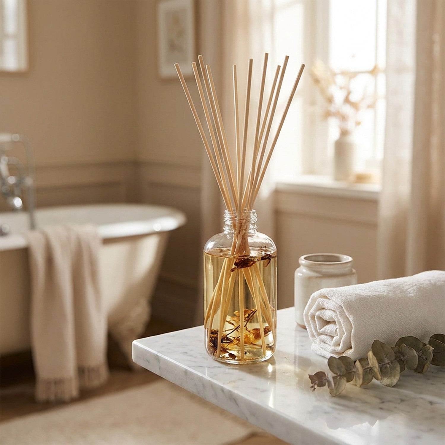 Recharge diffuseur roseaux dans une pièce bohème élégante
