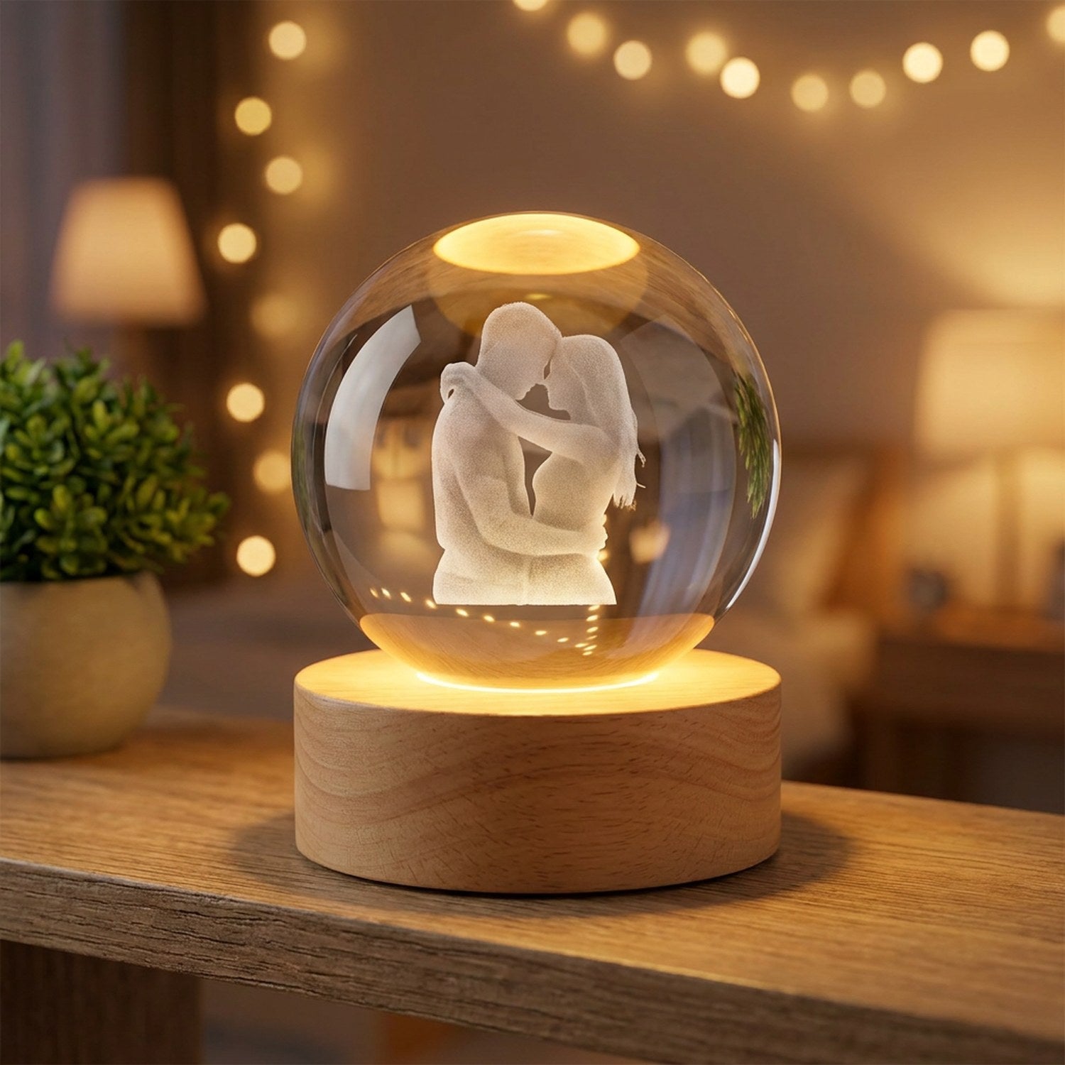 Boule de cristal lumineuse posée sur une étagère en bois avec une plante